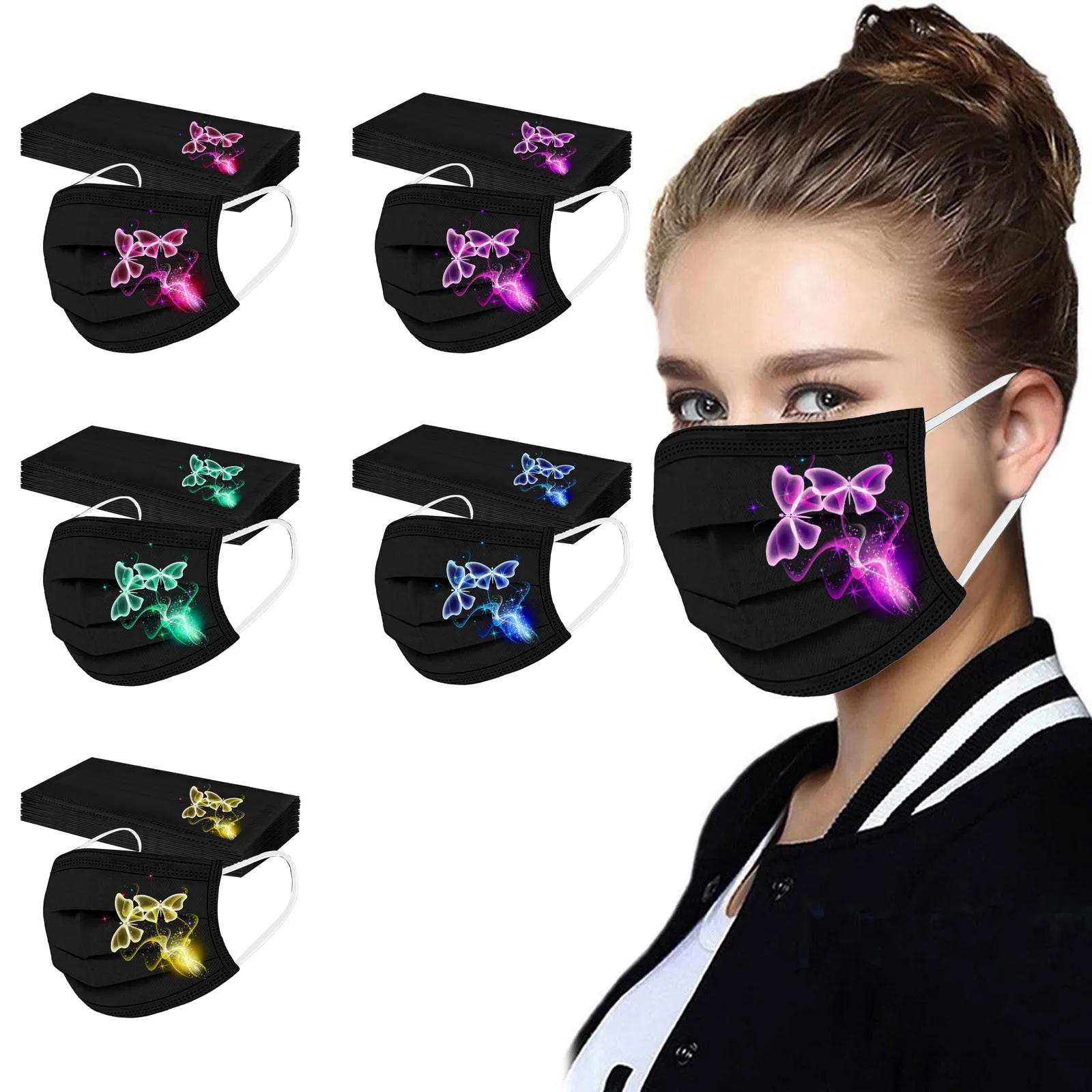

50 шт., одноразовая Защитная маска для лица с рисунком бабочки для взрослых