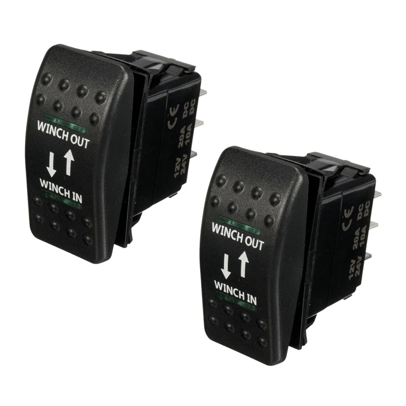 

2X 12V 20A Winch In Winch Out ON-OFF-ON Rocker Switch 7 Pin LED Green