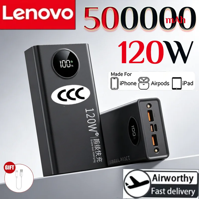 Фото Внешний аккумулятор Lenovo 500000 мАч, 120 Вт, сверхбыстрая зарядка, PD20W, двусторонняя зарядка, цифровой дисплей, 3C, для iPhone, Samsung, Xiaomi №1
