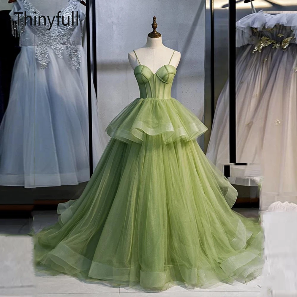 

Thinyfull Green Tiered Ruffles Arabic A Line Prom Dresses Sexy Spaghetti Neck Long Vestidos De Fiesta Reception Gowns New