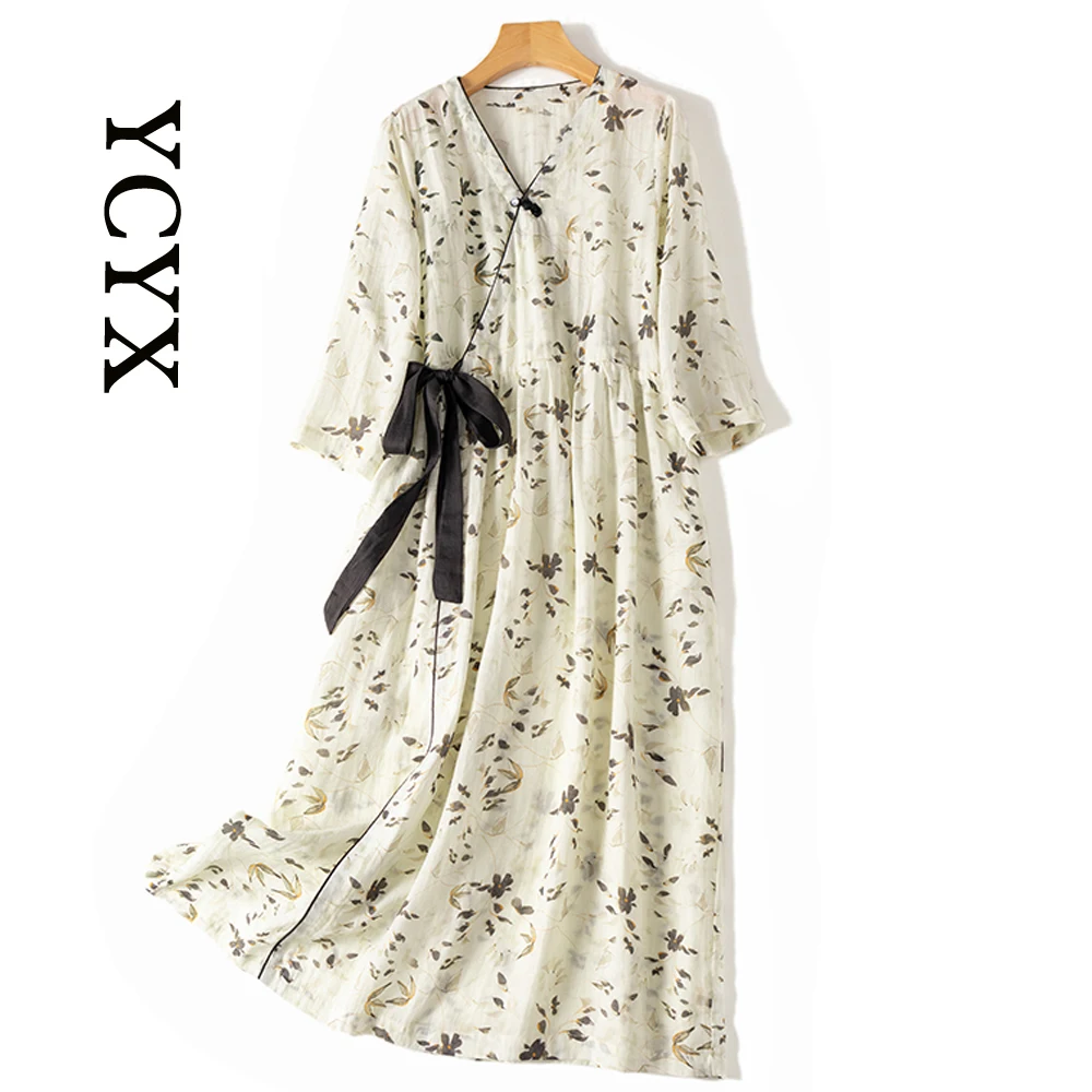 

Women Printed Dress V Collar Summer Streetwear Bow Design Vestidos Pearl Ladies A-Line Japanese Style Robe Soirée Femme YCYX069