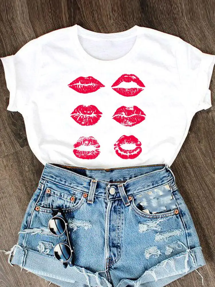 

Graphic T Shirt Lip Printing Cute Clothing Fashion Clothes Women Short Sleeve Summer O-neck Tee T-shirt Cartoon Female Top