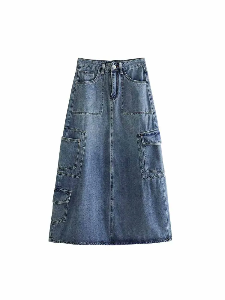 

Женская джинсовая юбка BSK & ZA & TRF, с карманами и высокой талией, на молнии, 2023