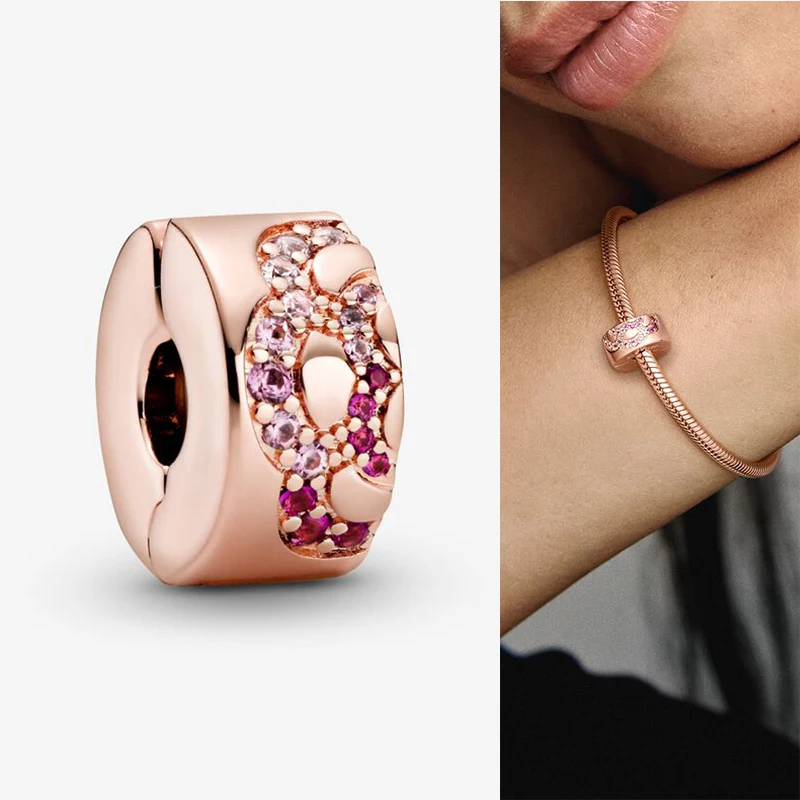 

2020 New 925 Sterling Silver Bead Rose Gold Fan Clamp Fit Pandora Women Bracelet & Necklace Diy Jewelry
