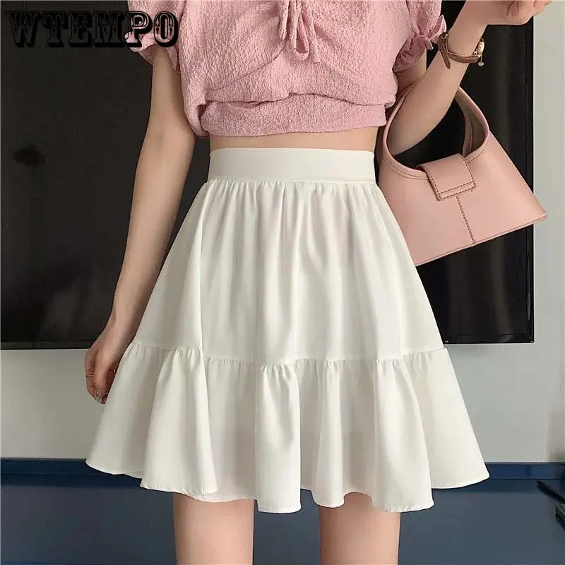 

White A-line Skirt Women Sweet Preppy Style Simple Casual Elastic Waist Thin Built In Safety Pans New Fashion Summer Wholesale