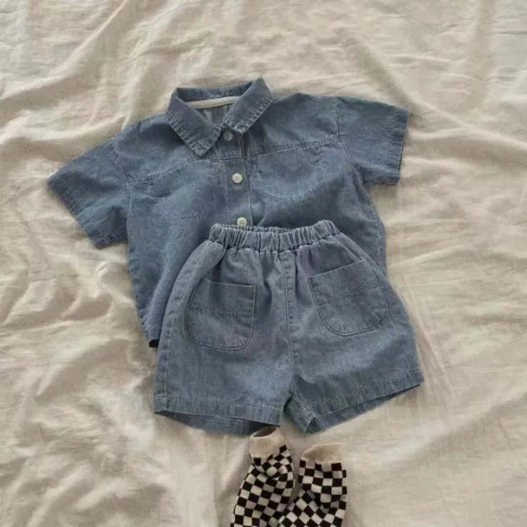 

Infant boy baby short-sleeved denim shirt summer fashion casual western style lapel suit