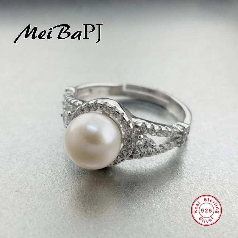 

[MeiBaPJ]2018 new Real Pure Silver S925 Women Ring Very fashionable round ring semiround Freshwater pearl AAAA zircon ring