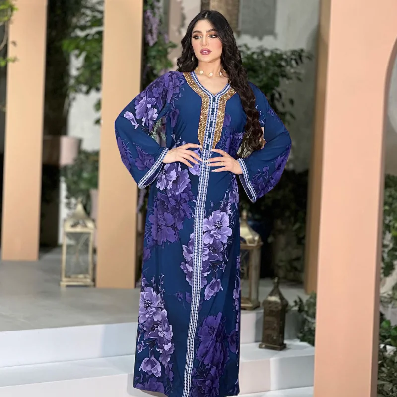 Muslim Elegant Summer Women Long Sleeve V-neck Polyester Green Purple Blue Long Abaya Maxi Dress Muslim Fashion Dresses