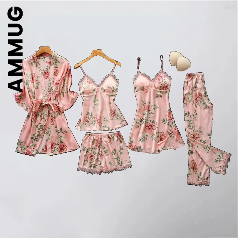 

Ammug Fashion Spring Pink Pajamas Sets Womens Strap Top Pants Sleepwear Suit Home Wear Nightwear Kimono Robe Bath Gown