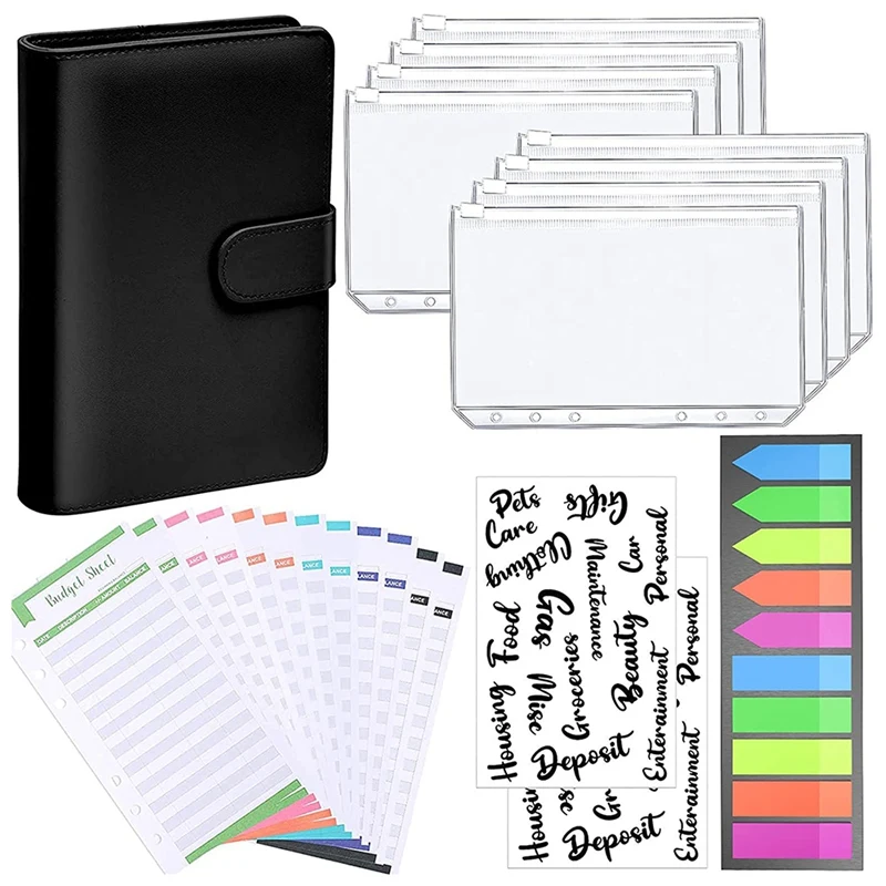 

A6 Binder,PU Refillable 6 Ring Notebook Binder Binder Pockets,Expense Budget Sheets Sticker Labels,Labels