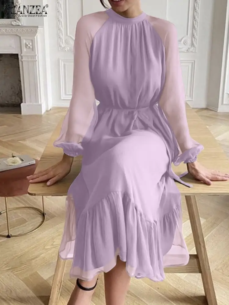 

ZANZEA Chiffon Dress Women Fashion OL Maxi Long Sundress Casual Puff Sleeve Belted Vestidos 2022 Oversize Ruffle Robe Femme 2022