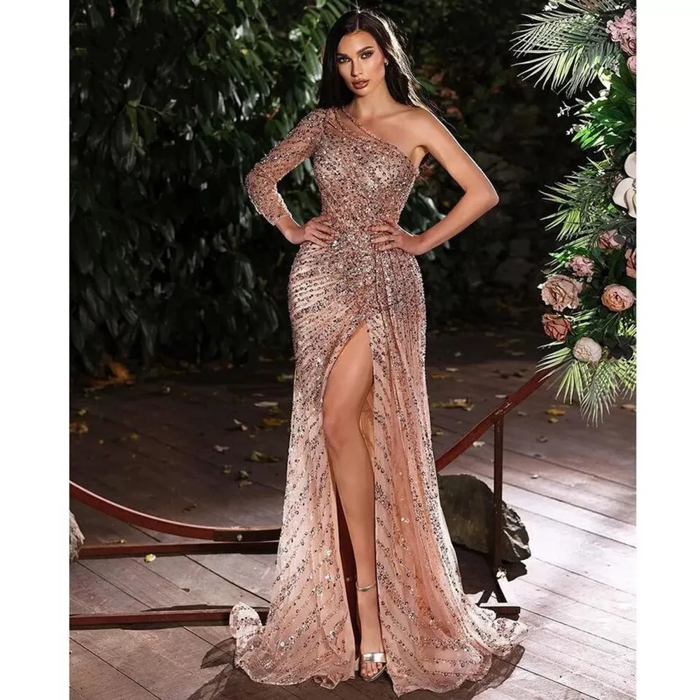 

Glitter One Shoulder Long Prom Dresses Sequins Long Sleeves Evening Dress Floor Length Sexy High Split Party Celebrity Gowns