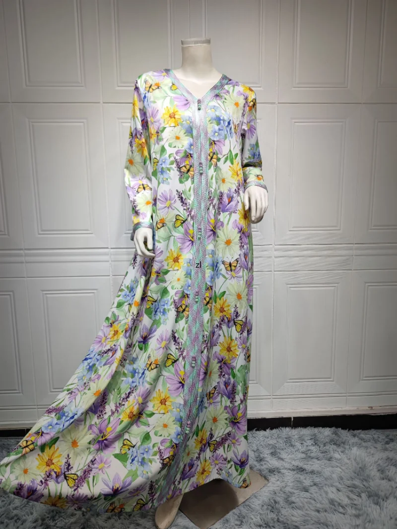 Eid Muslim Women Dress Abaya Morocco Party Dresses Abayas Elegant Ramadan Floral Prayer Long Sleeve Robe Musulman Maxi Vestidos