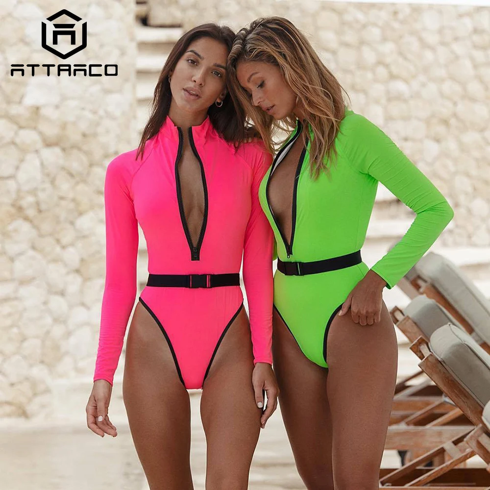 

Attraco Women One Piece Swimsuit Triangle Bikini Fluorescent Color Deep V Neck Sexy Surf Suit UPF50+ Rash Guards