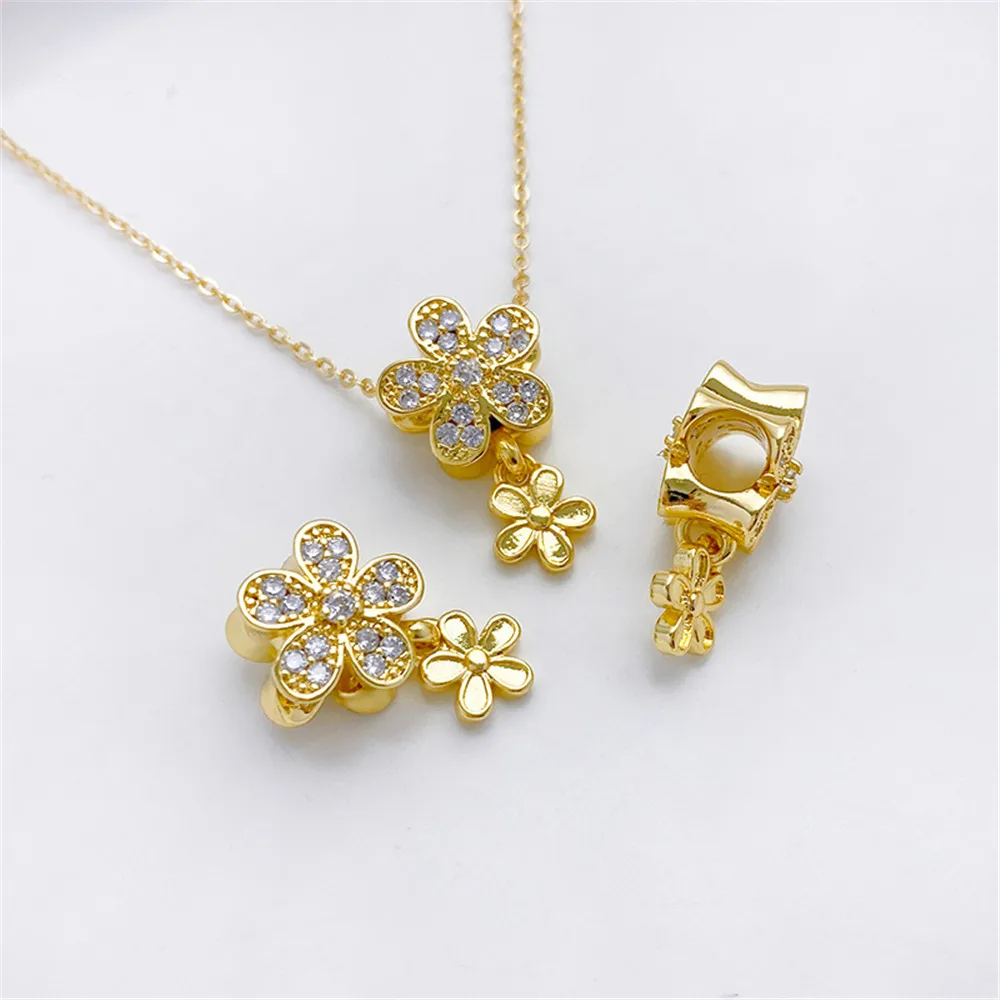 

1pcs 18K Gold Color Zircon Peach Blossom Hanging Flower Large Hole Partition Bead Pendant DIY Chain Headpiece Material