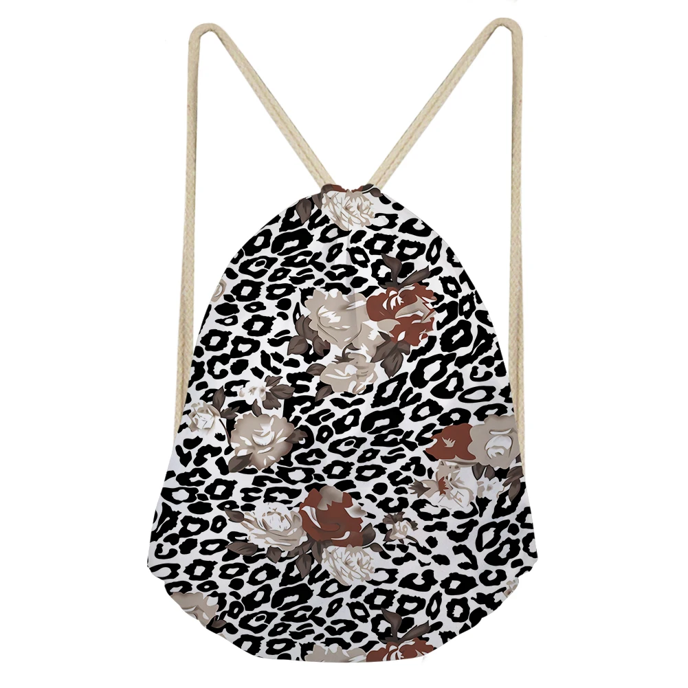 Colorful Leopard Flower Pattern Drawstring Bag Reusable Women Yoga Gym Rucksack Outdoor Portable Travel Beach Satchel Teenager 