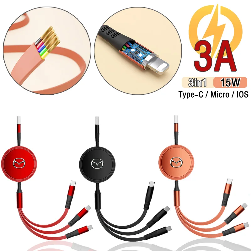 

Автомобильный USB-кабель 3 в 1 для передачи данных и быстрой зарядки Xiaomi Huawei для Mazda 3 CX5 6 2 CX3 CX30 RX8 MX5 MX3 MS MP GL CX6 CX7 CX8 аксессуары