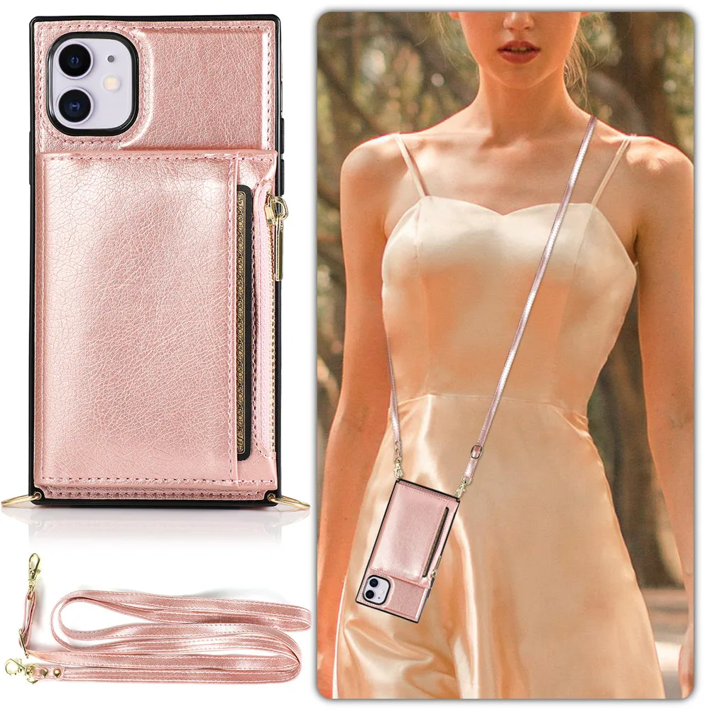 

For iPhone 14 13 12 11 Pro MAX XS XR X 8 7 Plus Case Crossbody Square Zipper Leather Bag Wallet With Long Strap Card Holders
