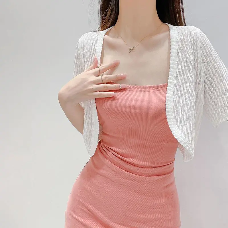 Кардиган с газовым каркасом для женщин завязка коротким рукавом открытым одежда