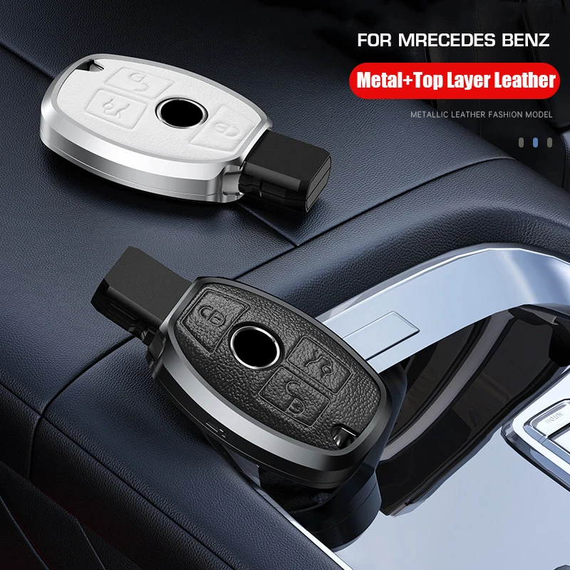 

Genuine Leather Alloy Car Key Case Cover For Mercedes Benz CLS CLA GL R SLK AMG A B C S Class Remote Holder Accessories