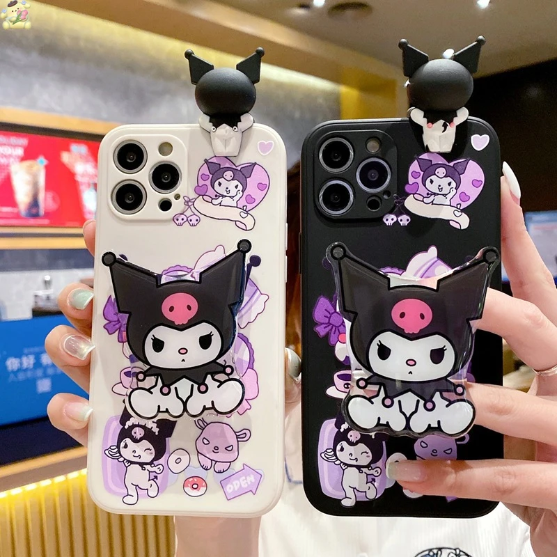 

Sanrio Kawaii kuromi Phone Case Cartoon IPhone14/13/Promax Non-slip Silicone Scrub Phone Case with Holder Cute Phone Accessories