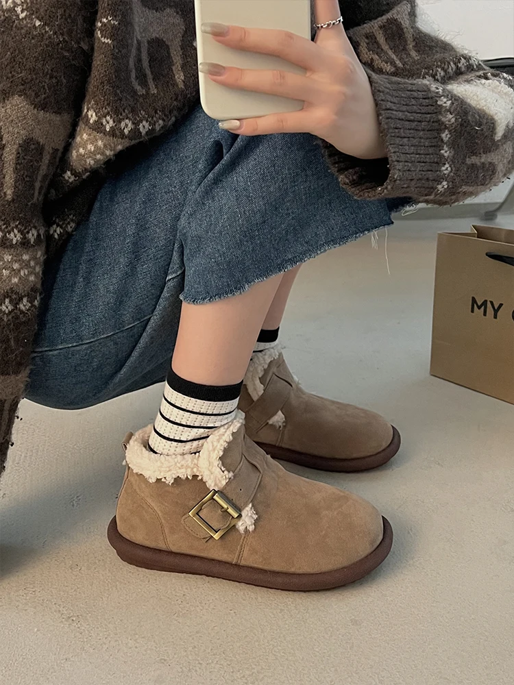 

Женские ботинки на плоской подошве, новые австралийские ботинки, зимняя обувь с круглым носком, плюшевая обувь для снежной погоды, с резиновым мехом, Женская флоковая обувь в римском стиле, 2023