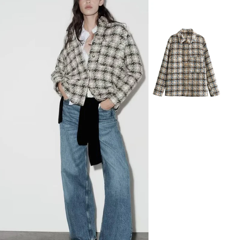 

Куртка женская клетчатая с длинным рукавом, с жемчугом