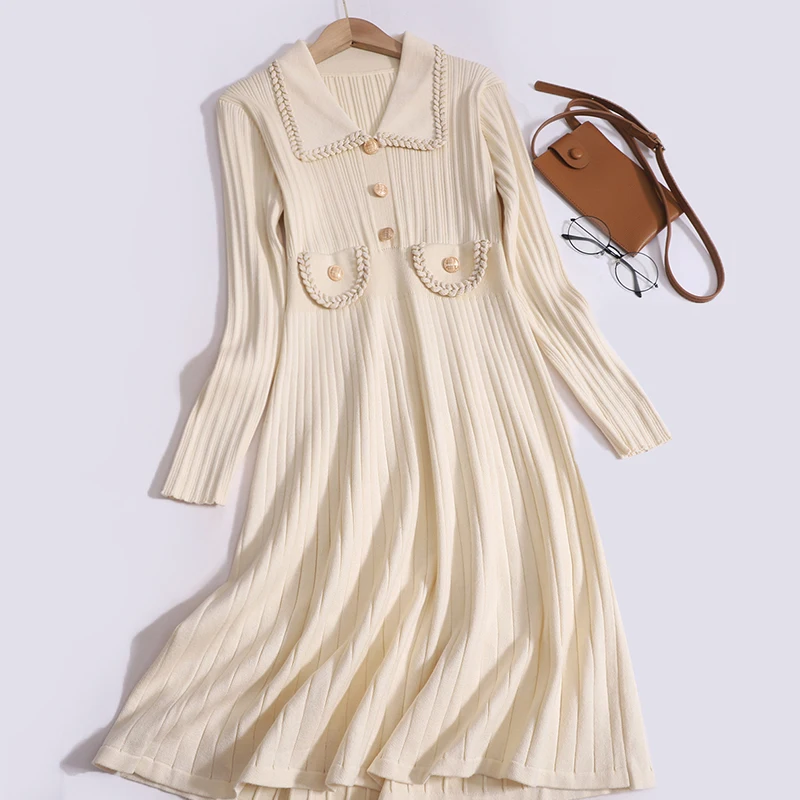 

Hikigawa Chic Fashion Women Vintage Elegant Turn Down Collar Knitted Dresses Autumn New Slim Waist Solid Maxi Vestidos Mujer