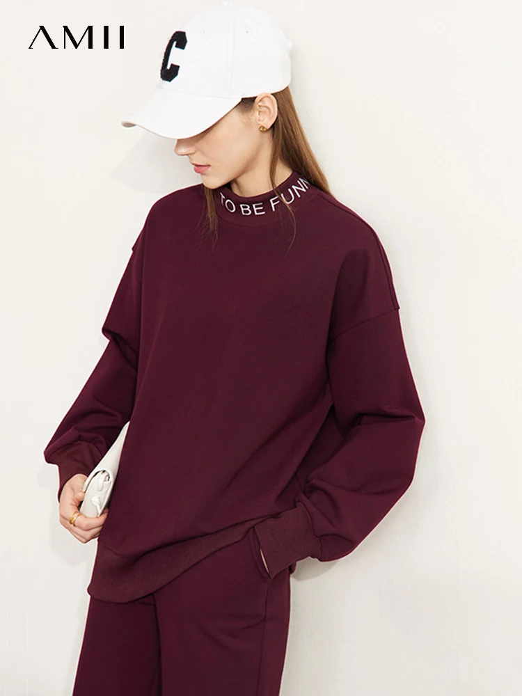 

AMII Minimalism Women Suits Warm New Winter Plus Velvet Letter Embroidery Half High Collar Tops Pocket Pencil Pants Set 12241086