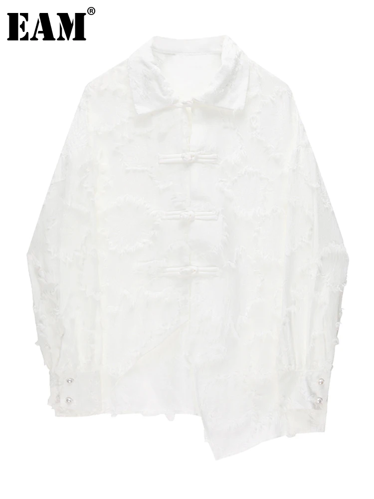 

[EAM] Women White Buckle Big Size Vintage Blouse New Lapel Long Sleeve Loose Fit Shirt Fashion Tide Spring Autumn 2022 1DE7345