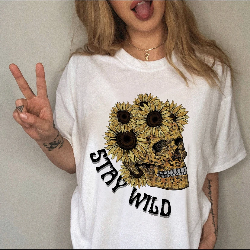 

Women Sunflowers Skull Print T-shirts Fashion Clothing Cartoon Clothes 90s Short Sleeve Spring Summer Female Tee Graphic Tshirt