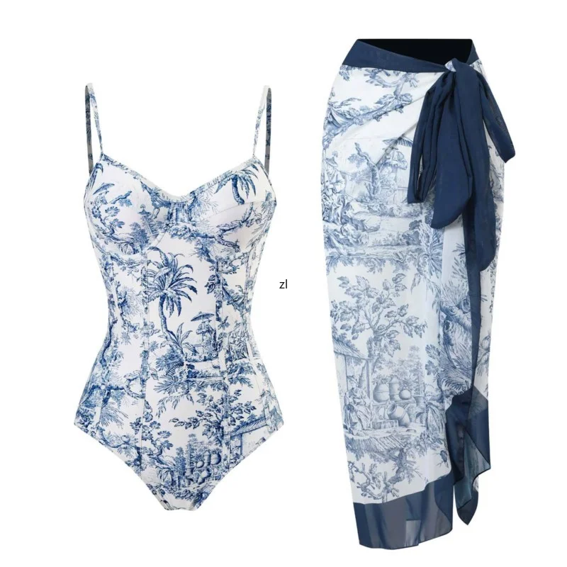 Tight Wrap Chest One Piece Swimsuit Printed Bikini Set Sexy Suspenders 2 Piece Sets Women Outfit Chiffon Beach Skirt Set Spring