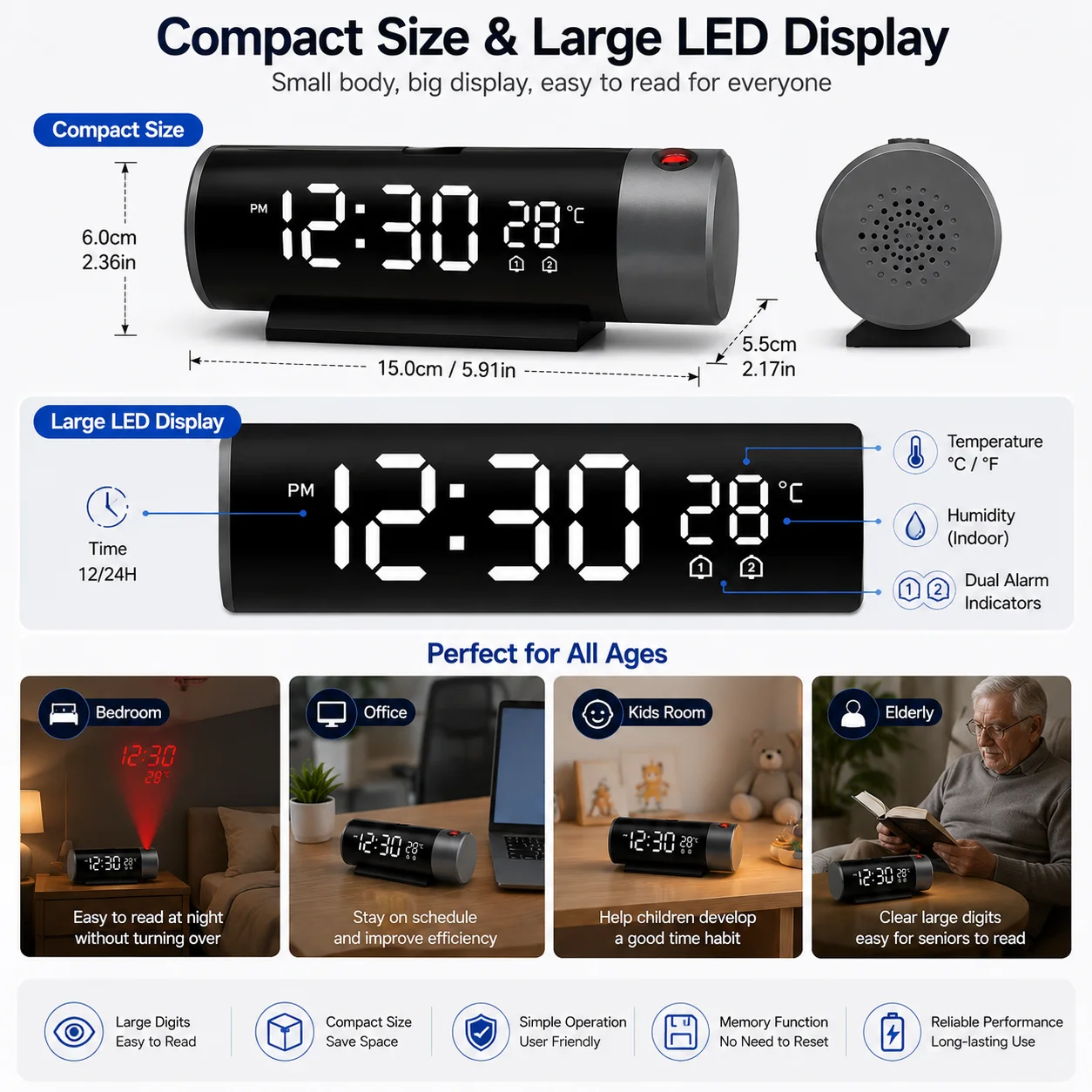 Проекционный будильник 180 °   Потолочные цифровые LED-часы с монитором температуры и влажности, 4 уровня яркости, USB-зарядка (art.: 3920cc75eada4) - 3920cc75eada4
