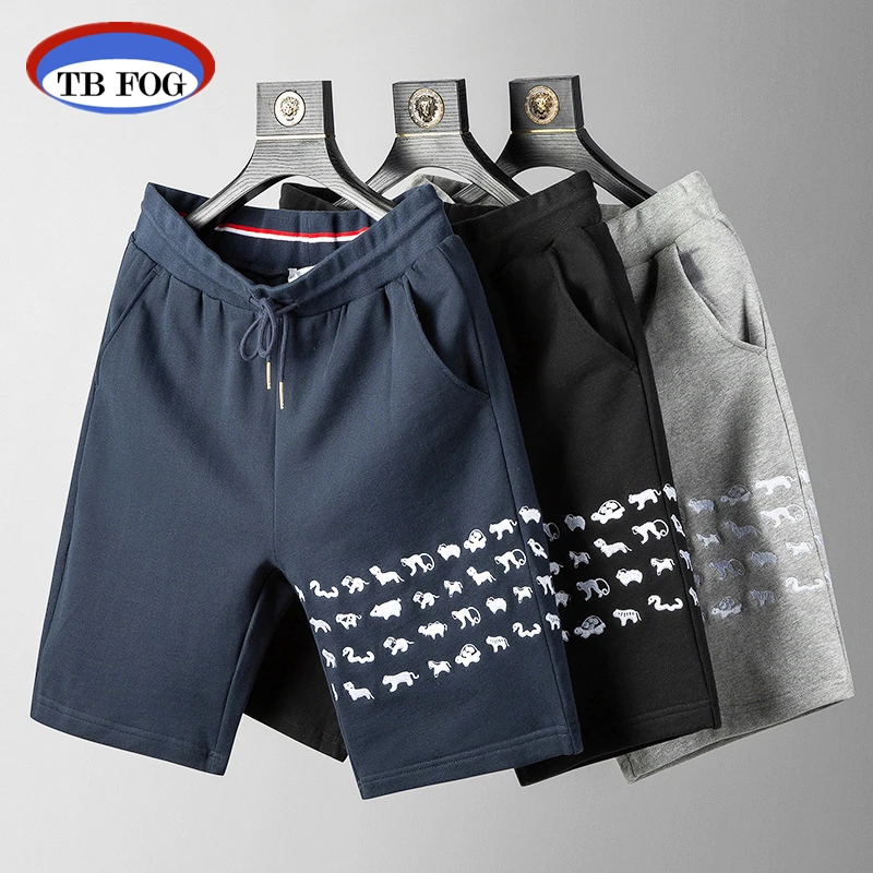 

TB FOG Thom Embroidered Shorts Summer Fashion Animal Four Bar Printed Pants Casual Drawstring Front Made Cotton Shorts for Men