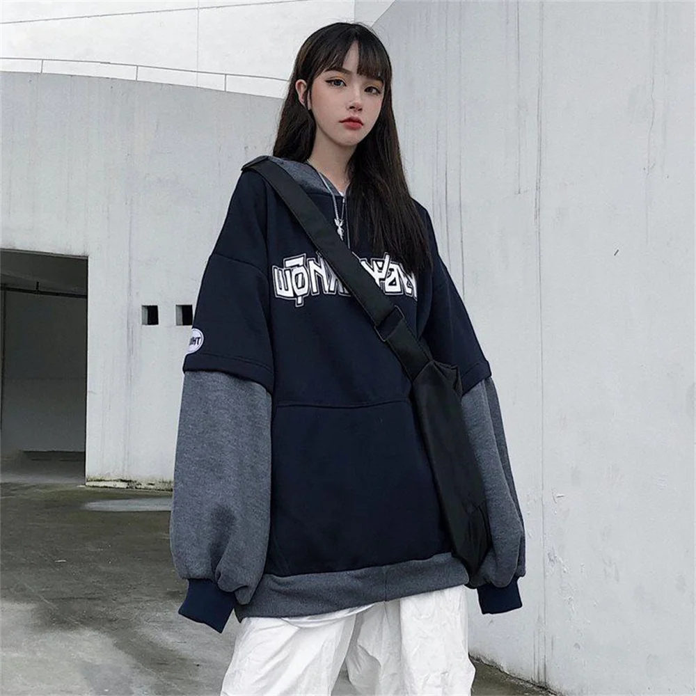 

Модная свободная Весенняя Черная Толстовка с длинным рукавом для девушек с имитацией двух предметов Толстовка Осенние Японские Женские то...