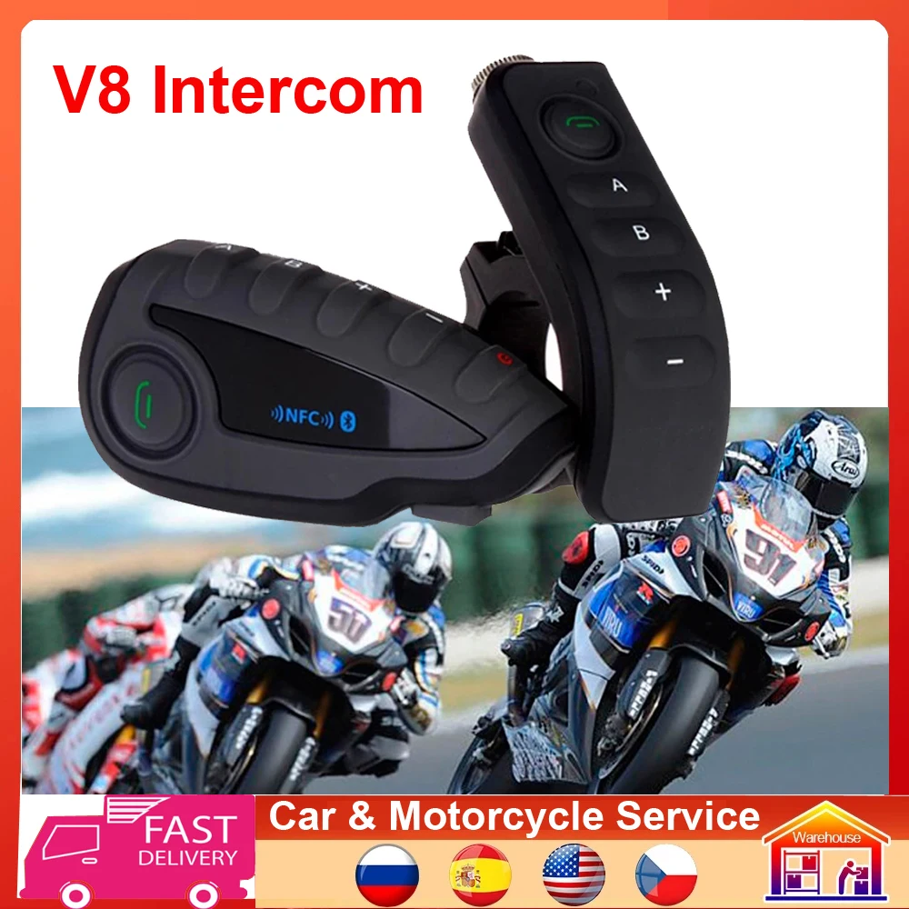 1200M Bluetooth-compatible Motorcycle Helmet Intercom for 5 Riders group talk BT Interphone Headset FM radio V8