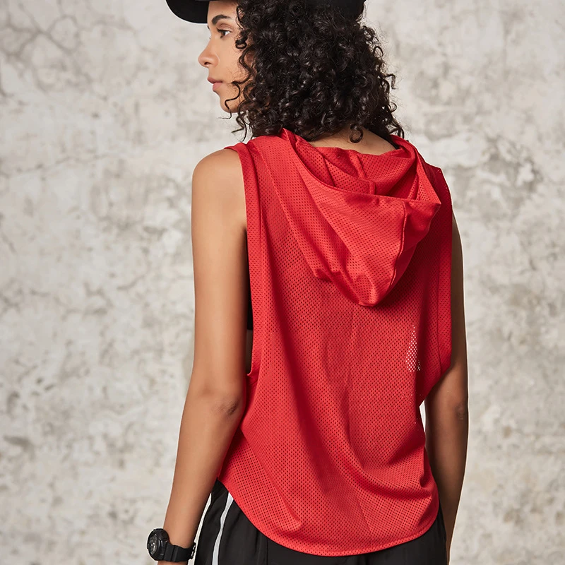 Summer Women's Sleeveless Breathable Hooded Hoodie Mesh Quick Dry Fitness Yoga Wear Running Workout Tops