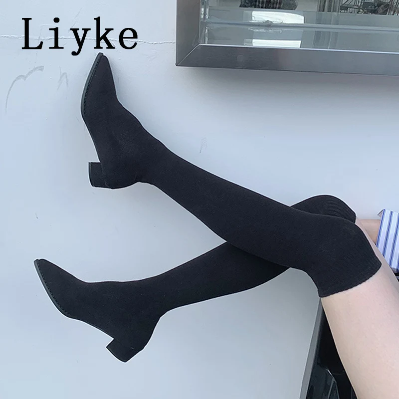 

Liyke 2022 Fashion Black Knitting Stretch Fabric Sock Over The Knee Boots Women Pointed Toe Casual Low Heels Thigh High Shoes