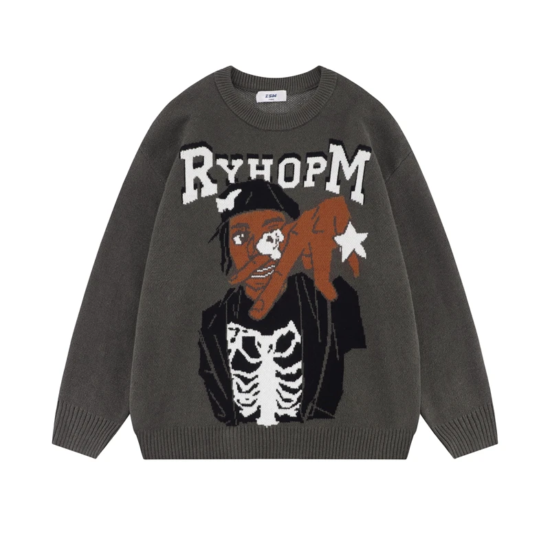 

Harajuku Letter Skull Boy Print Streetwear Pullover Sweaters Male and Female Crew Neck Oversize Retro Baggy Winter Knitted Tops