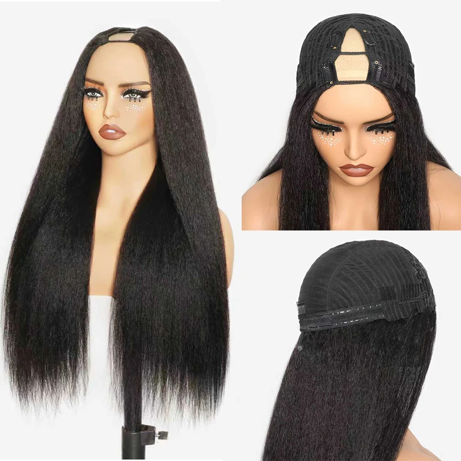 Фото Накладной парик из натуральных волос Kinky Straight с завязками, 250% плотность, без клея, V-образная часть, 100% натуральные волосы Yaki Straight, U-образные клипсы, полупарик №3