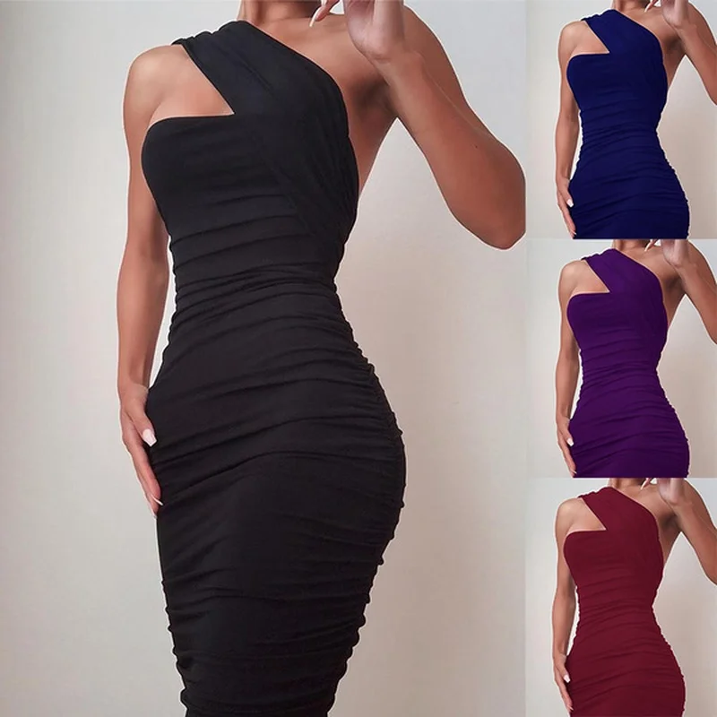 

Women Sexy Slim Fit Plus Size Female Tight Dress 2021 Ladies Fashion One Shoulder Sleeveless Solid Color Party Bodycon Dress