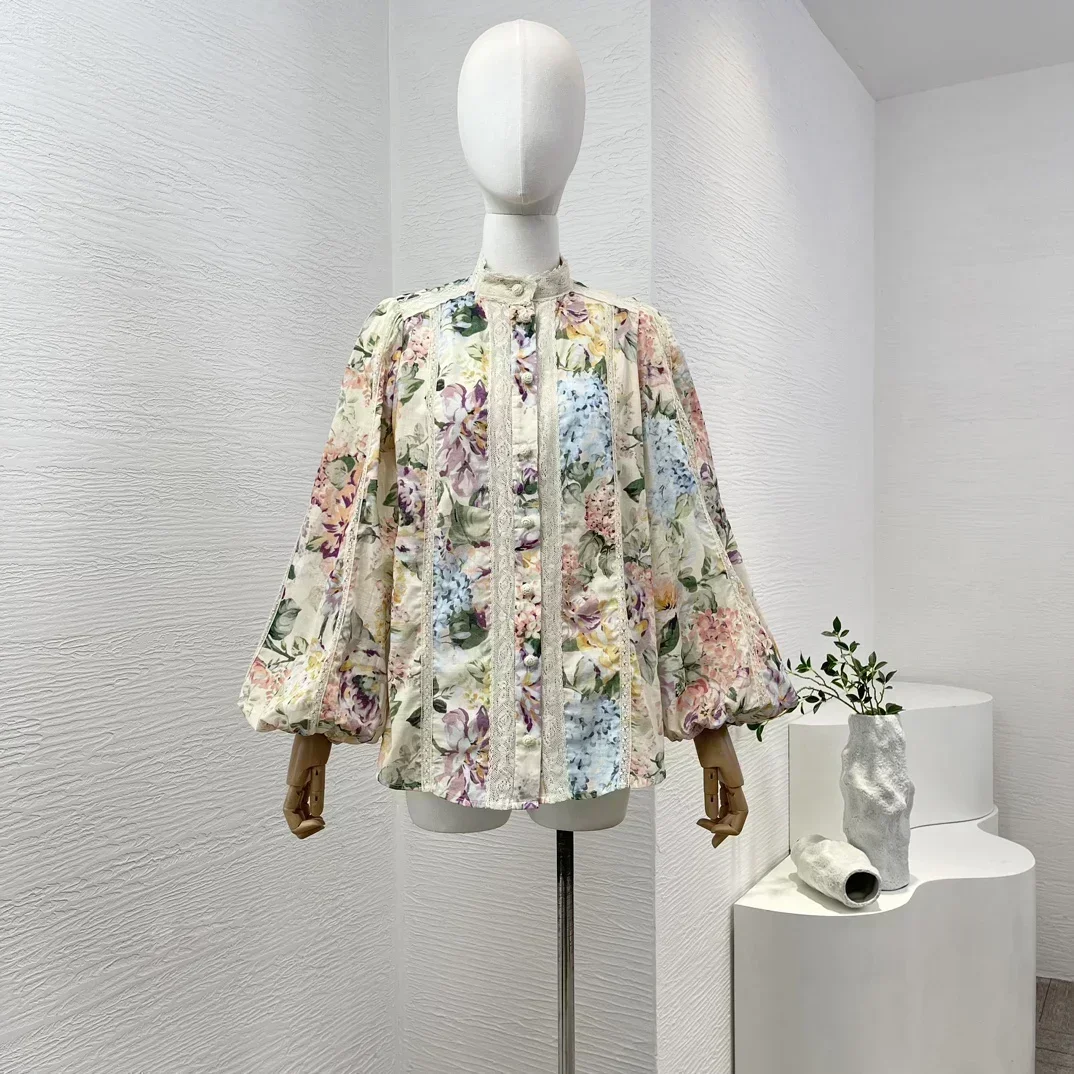 2024 Высококачественный хлопок и лен с цветочным принтом длинным рукавом