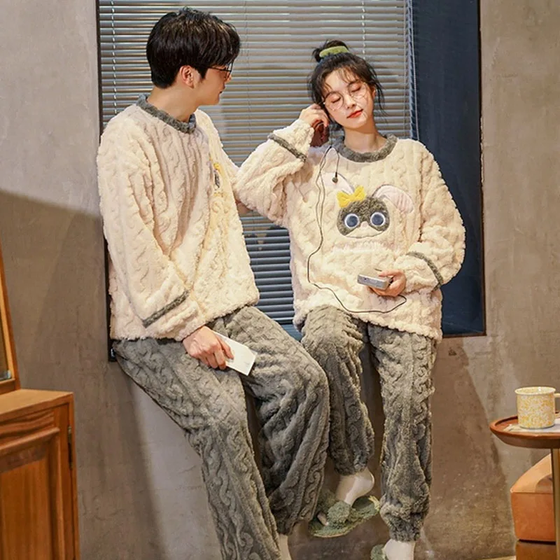 QUHENG Pajamas Set for Women Man Winter Long Sleeve Couple Thick Warm Flannel Pajama Sets for Cartoon Sleepwear Women Clothes