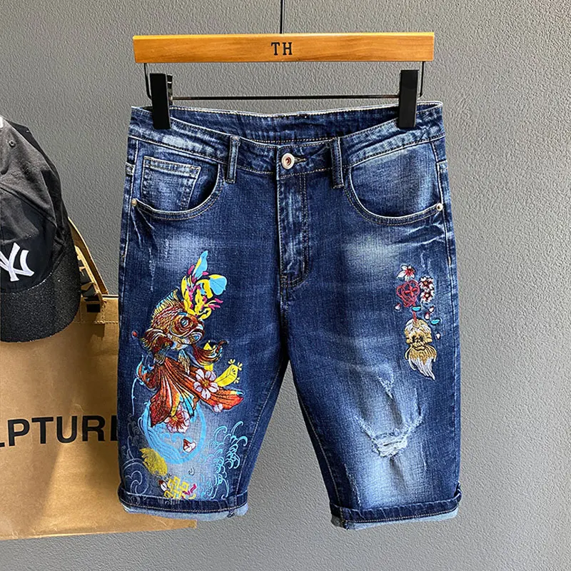

Men Casual Denim Shorts Blue Summer New Stretch Fashion Koi Embroidered Slim Jeans Male High Quality Brand Five Points Pants