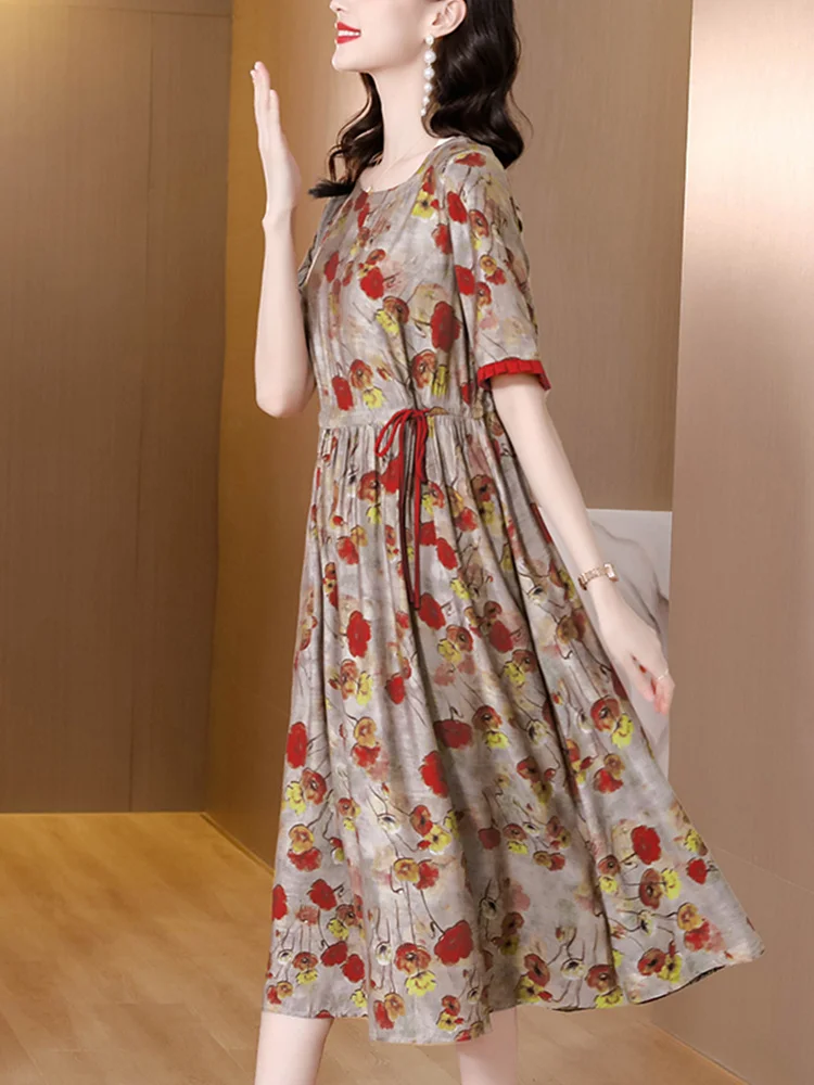 

Hot dress,Elegant Floral Vintage Women Summer Party Dress New Korean Fashion O-Neck Silk Tunics Midi Casual Long Vestidos