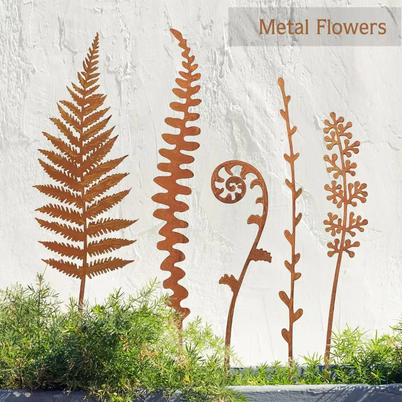 Ржавые листья папоротника, металлический букет, 5 шт