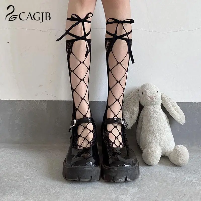 

1pair Women's Middle Tube Socks Straps Summer Sexy Long Japanese Sock Jk Tie Lace Fishnet Stocking Irregular Split-toe Calf Sock