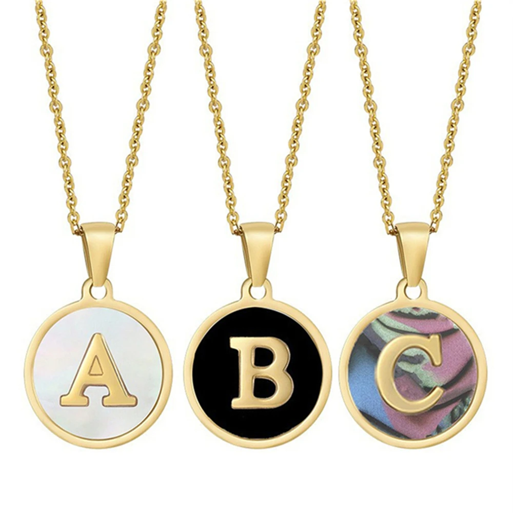 Round A-Z Letters Necklaces for Women Men Gold Plated Initial Pendant Gold Chain Black Shell Letter Jewelry Necklace wholesale