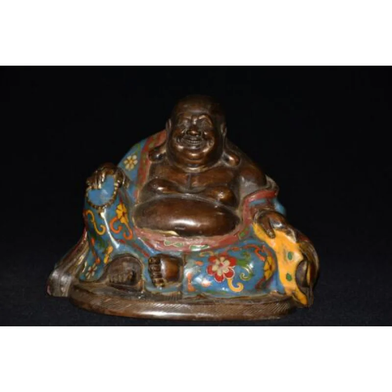 

20cm Vintage Bronze Copper Cloisonne Enamel Carved Happy Maitreya Buddha Statue