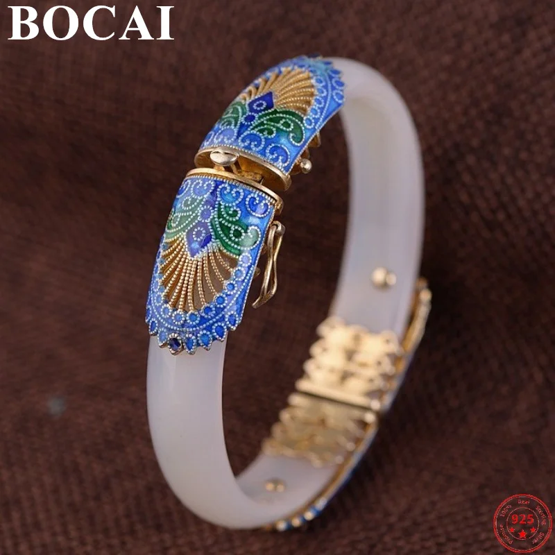 

BOCAI 100% S925 Sterling Silver Bracelets Fashion Thai Silver Cloisonne White Chalcedony Pure Argentum Women's Gemstone Bangle